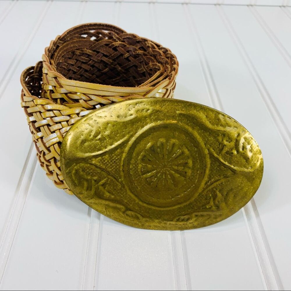 Vintage Gold Leather Wide Woven Belt Gold Buckle M/L